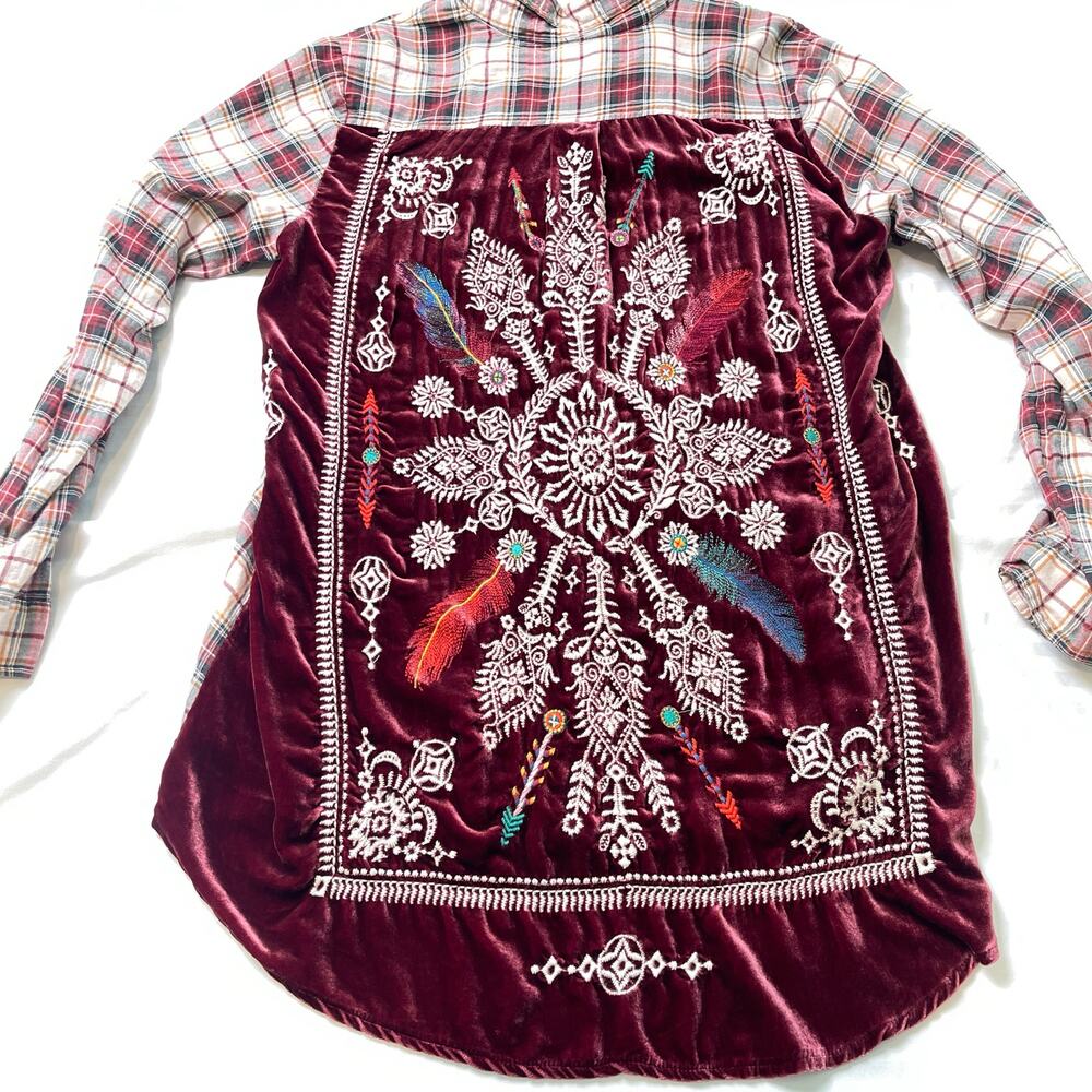 Johnny Was 3J Workshop Lorie Boho Plaid Button Down Embroidered Velvet Back Sz M - Picture 12 of 16